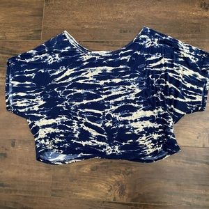White and navy blue shirt with blue rhinestones